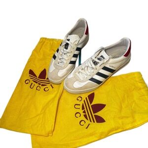 adidas x Gucci White Gazelle Sneakers with Black Stripes and Red Heel Tabs
